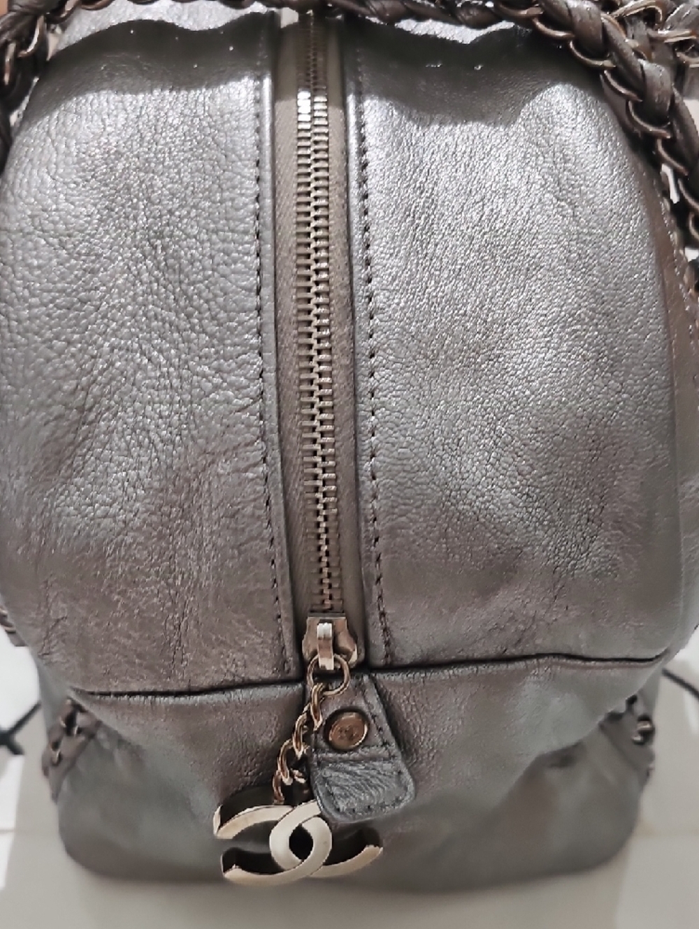 CHANEL Silver Bowling Bag Leather Chain-Handle Shoulder Bag - Picture 8 of 16